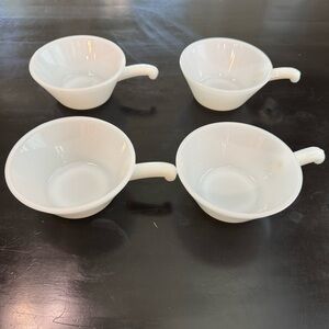 Set of 4 Vintage Anchor Hocking Fire King Milk Glass White Bowls With Handles